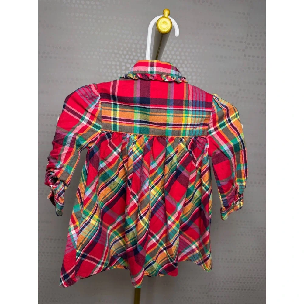 Ralph Lauren Baby Girls 9M Plaid Ruffle Button-Front Tunic Top Multicolor
